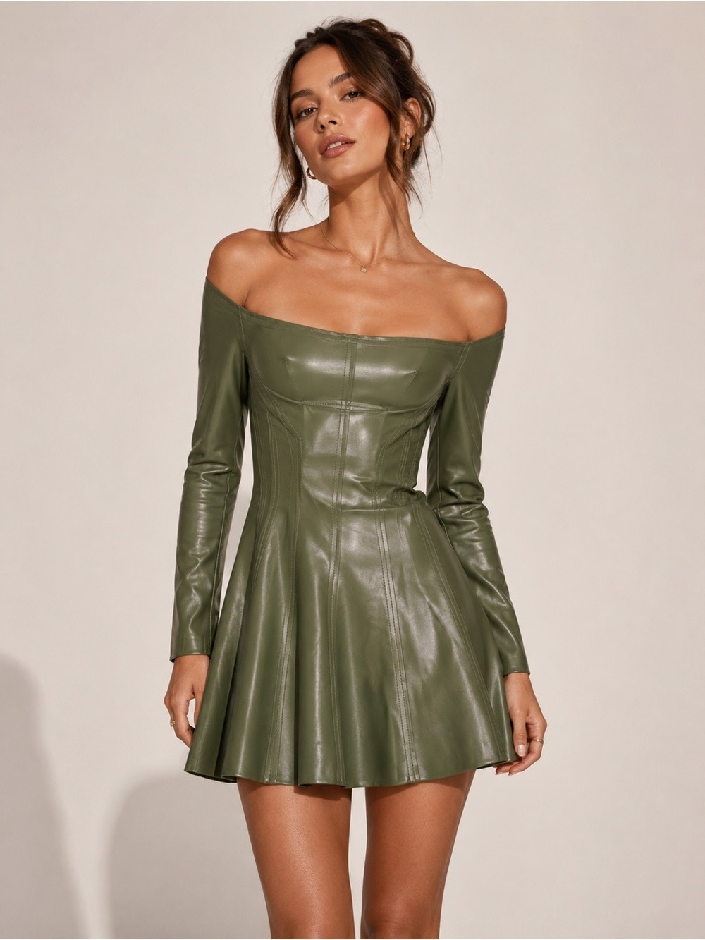 Norma Kamali Off Shoulder Grace Mini Dress Military Green Vegan Leather XS NWT